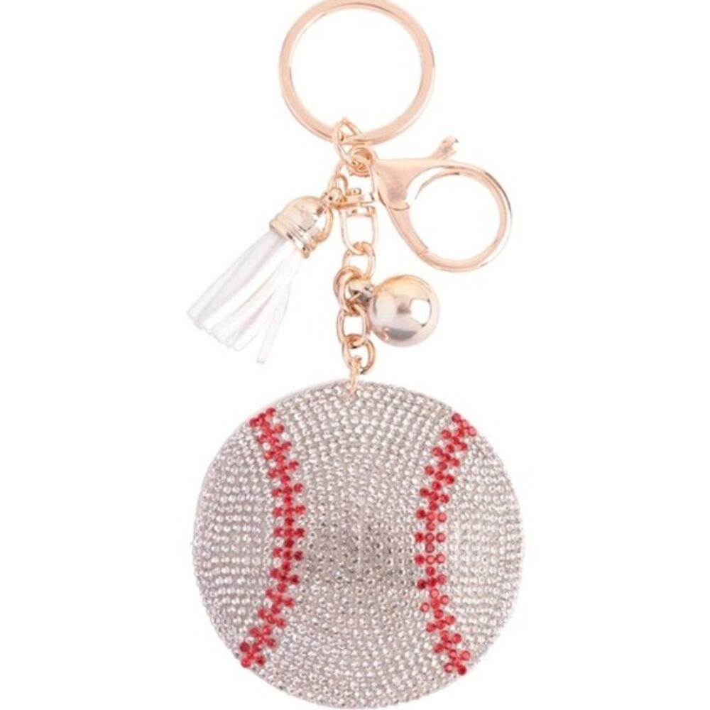 White Red Baseball Crystal Keychain Keyring Bag Charm